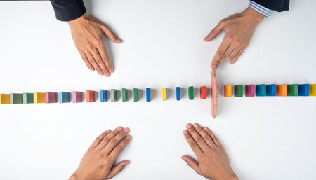 In a high-stakes business environment, a decisive hand intervenes to stop a colorful domino chain reaction.の素材