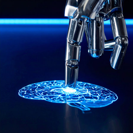 In a glimpse of the future, a sophisticated robotic hand makes contact with a luminous digital brain, activating a complex network of neural pathways.の素材