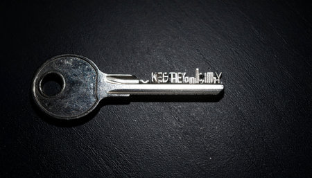A single, gleaming metal key rests on a dark, textured stone surface, its purpose a mystery.の素材