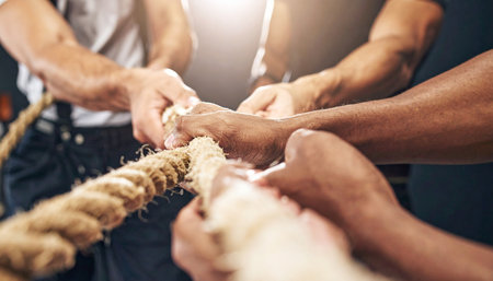 In a display of collective power, multiple hands grip a single, thick rope, pulling in unison.の素材