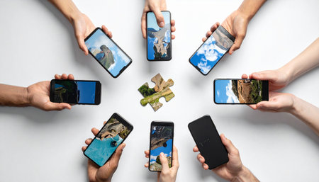 A group of friends gathers in a circle, sharing their favorite travel photos on their smartphones.の素材