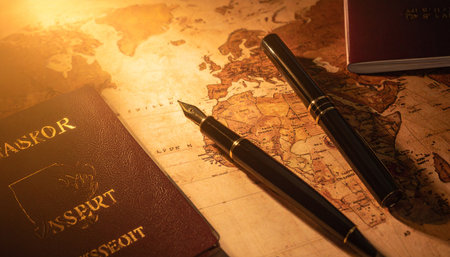 In the warm, golden glow of late afternoon sun, a passport and a classic fountain pen rest upon a vintage world map.の素材