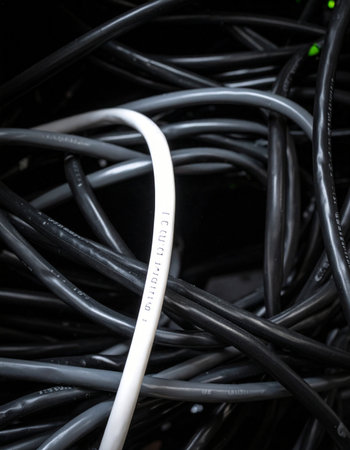 In a dark and chaotic tangle of black network cables, a single white wire stands out, representing the crucial connection or the simple solution hidden within a complex system.の素材