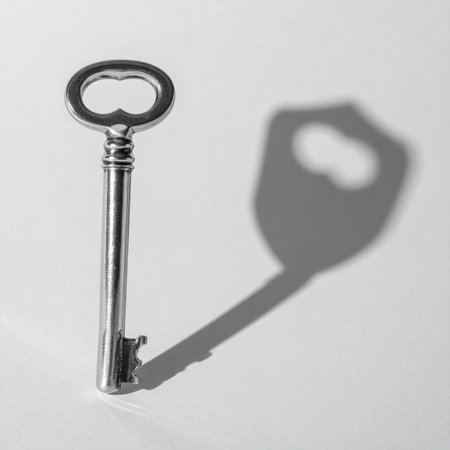A single antique skeleton key stands on a stark white surface, casting a long, dramatic shadow.の素材