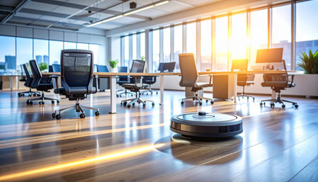 As the morning sun streams into the empty corporate office, a smart robotic vacuum cleaner quietly and efficiently glides across the polished floors.の素材