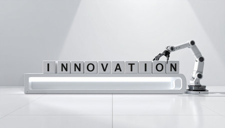 In a clean, minimalist setting, a precision robotic arm carefully places the final block to complete the word 'INNOVATION'.の素材