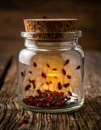 A collection of striking red bugs swarms around a mysterious, warm light source contained within a vintage glass jar.の素材