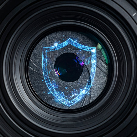 A glowing digital shield materializes inside a camera lens, symbolizing the critical intersection of modern technology and data protection.の素材