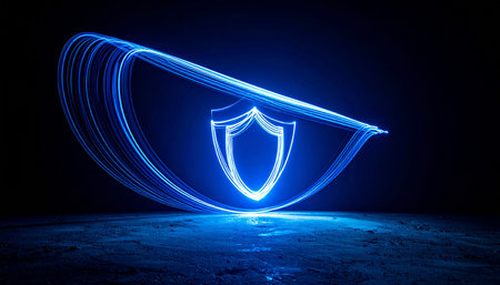 A luminous blue shield emerges from the darkness, its energetic light trails creating a protective barrier.の素材