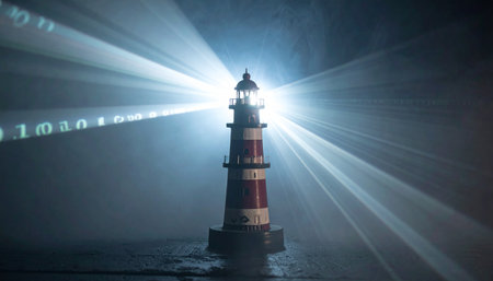 A beacon of light in the digital age. This lighthouse shines beams of binary code, symbolizing guidance, security, and navigation through the complex sea of big data and information technology.の素材