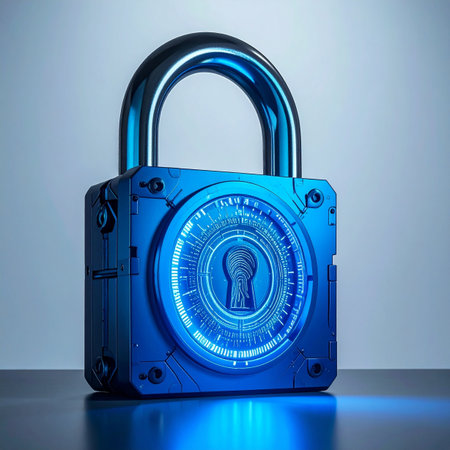 A futuristic padlock glows with a cool blue light, symbolizing the pinnacle of digital security and data protection.の素材