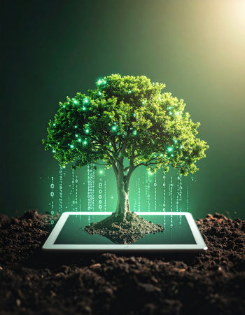 A vibrant tree emerges from a glowing tablet screen, symbolizing the powerful synergy between nature's growth and technological innovation.の素材