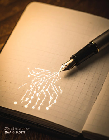 In a warmly lit setting, a fountain pen brings a technological vision to life, drawing a luminous circuit board.の素材