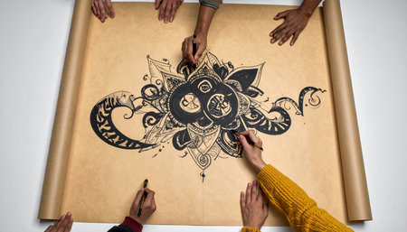 A top-down view captures the essence of creative synergy as multiple hands work together on a single, large-scale mandala.の素材