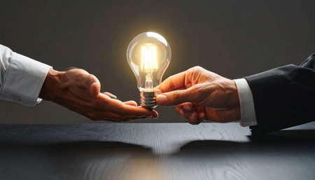 In a pivotal moment of collaboration, one professional passes a brightly lit lightbulb to another, symbolizing the transfer of a brilliant idea, innovation, or a groundbreaking solution.の素材