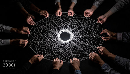 A diverse group of hands comes together in the darkness, each holding a single thread to create and support a complex, glowing web.の素材