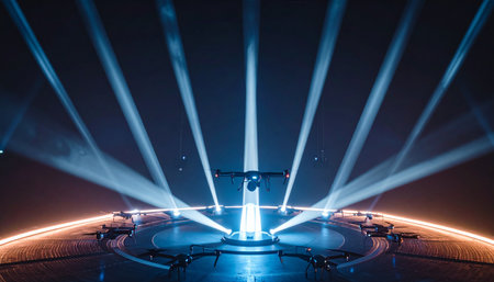 The air crackles with anticipation as brilliant blue spotlights cut through the darkness, converging on the empty center stage.の素材