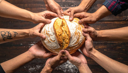 A diverse group of hands comes together to hold and share a single, freshly baked loaf of artisan bread.の素材