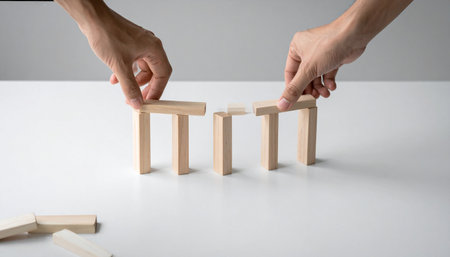 Two pairs of hands work in unison, carefully placing wooden blocks to form a bridge.の素材