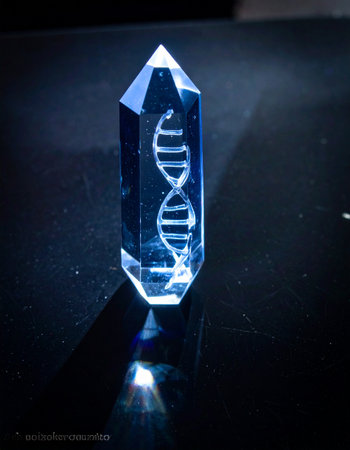 In a dark, futuristic setting, a single crystal prism glows with an inner light, revealing the intricate double helix of DNA.の素材