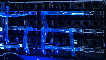Inside a high-tech data center, a powerful server array is kept at optimal temperature by a custom liquid cooling system.の素材