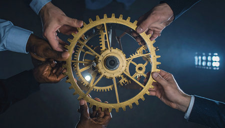 A diverse team of business professionals comes together, their hands jointly holding a large, intricate golden gear.の素材