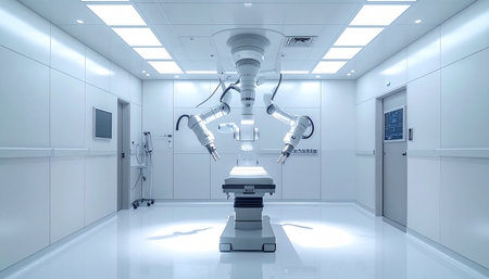 In a pristine, state-of-the-art operating theater, a sophisticated robotic surgery system stands ready.の素材
