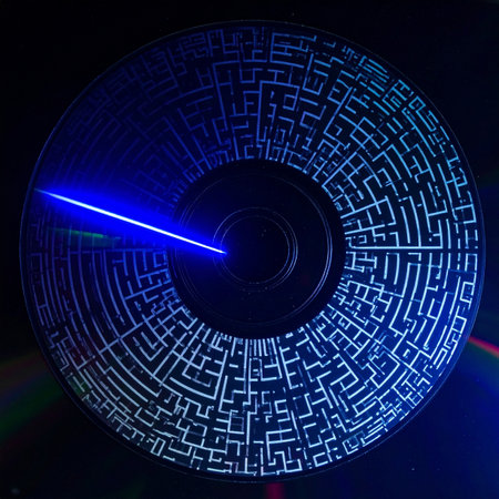 A brilliant blue laser beam cuts through the darkness, meticulously scanning the intricate pathways of a digital labyrinth.の素材