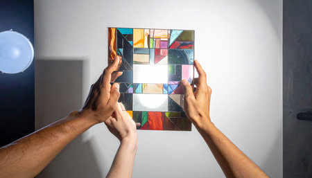 A family comes together, their hands united in the shared task of hanging a vibrant, colorful piece of art.の素材