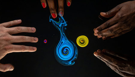From a dark canvas, a vibrant swirl of blue and yellow energy emerges, guided by diverse hands working in unison.の素材