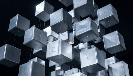 A cluster of interconnected metallic cubes floats in a dark void, representing a complex digital network or a futuristic industrial structure.の素材