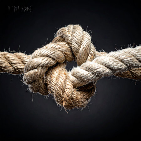 A close-up of a thick, weathered rope tied in a secure, complex knot against a dark background.の素材