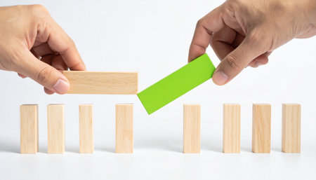 Two hands work in unison, placing the final green piece to bridge a gap between wooden blocks.の素材