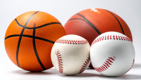 A classic collection of American sports equipment, featuring basketballs and baseballs side-by-side.の素材