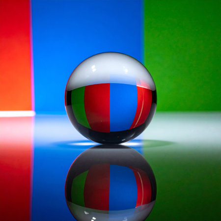 A single, flawless sphere rests at the intersection of primary colors, capturing and reflecting a world of vibrant light.の素材