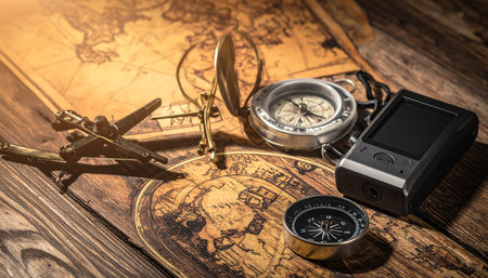 In the warm glow of a study, an old world map lays the foundation for a new adventure.の素材