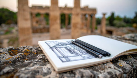 An artist's sketchbook lies open on a weathered stone, its pages filled with a detailed pencil drawing of the ancient temple ruins in the background.の素材