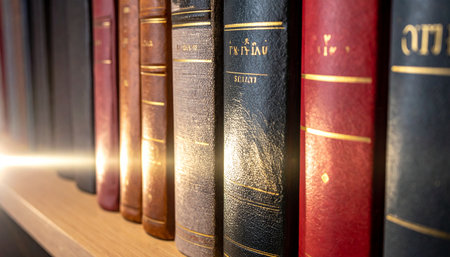 A row of classic, leather-bound books rests on a wooden shelf, their spines illuminated by a warm, golden light.の素材