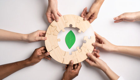 From a top-down perspective, a diverse group of hands works in unison, fitting together the final pieces of a circular wooden puzzle.の素材