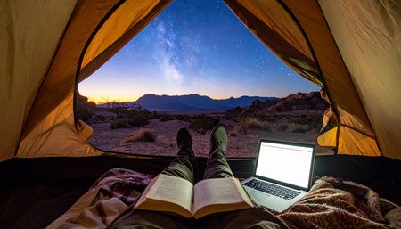 From a cozy tent pitched in the remote wilderness, a digital nomad enjoys the perfect work-life balance.の素材
