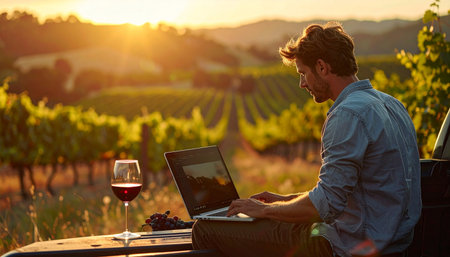 A young entrepreneur enjoys the ultimate work-life balance, working on his laptop amidst the rolling hills of a vineyard.の素材