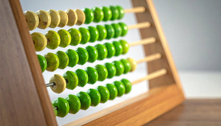 A classic wooden abacus stands ready for calculation, its green and yellow beads representing the fundamental principles of mathematics and finance.の素材