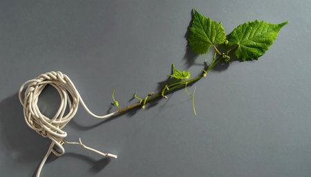 A delicate green sprout, representing a new beginning or a fragile idea, is carefully tied and supported by a simple string.の素材
