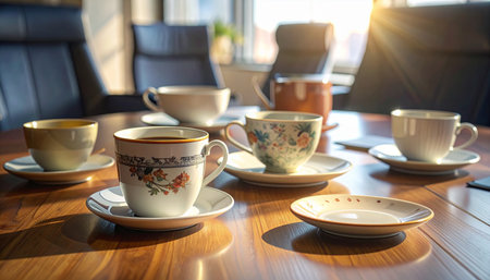 As the golden morning sun streams into the conference room, empty coffee cups sit on the wooden table, silent witnesses to a productive discussion.の素材