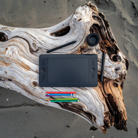 An artist's digital toolkit finds a moment of inspiration on a weathered driftwood log at the beach.の素材