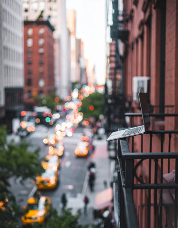From a quiet balcony overlooking the city, the bustling street below blurs into a vibrant stream of light and motion.の素材