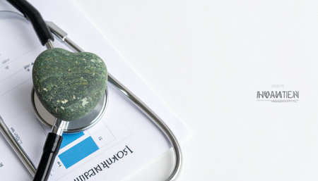 A stethoscope rests on a medical report with a bar graph, encircling a green heart-shaped stone.の素材