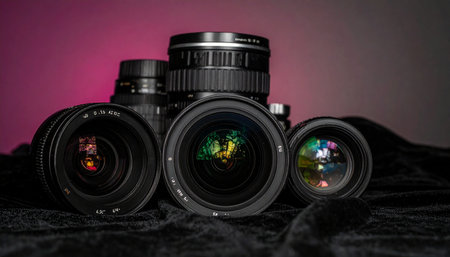 A curated collection of professional camera lenses sits ready for the next creative project.の素材