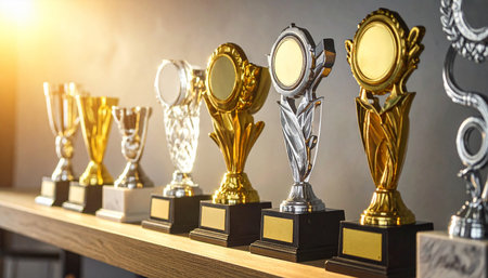 A collection of gleaming gold and silver trophies stands proudly on a wooden shelf, bathed in a warm, bright light.の素材