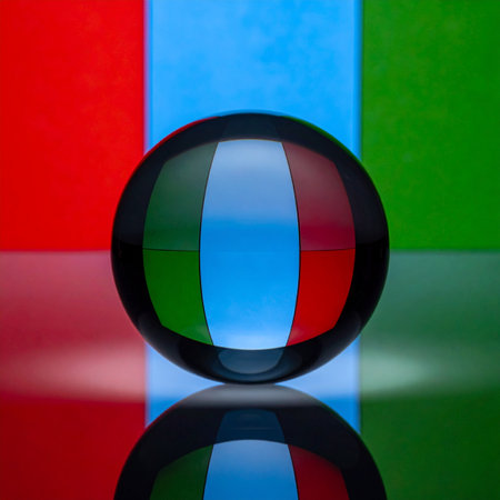 A crystal sphere rests on a reflective plane, capturing and distorting a vibrant background of red, green, and blue light.の素材